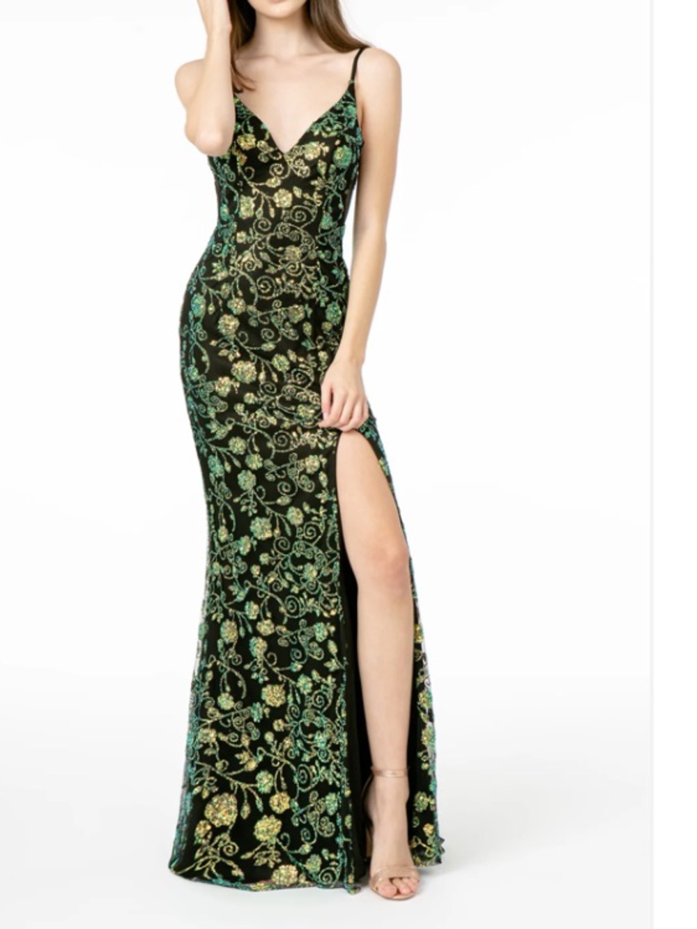 GLS Collective Elizabeth K GL1811 Sequin Maxi Gown Dress Green M NWT